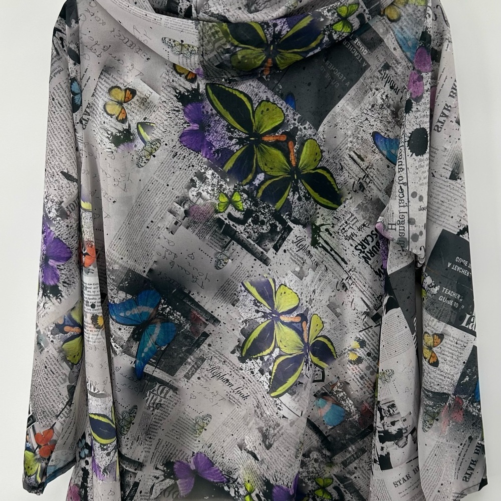 Artistic Y2K Retro Audrey Hepburn Butterfly Newspaper Print Cowl Neck Tunic Sz S - Picture 7 of 11